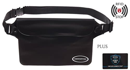 Waterproof Pouch with adjustable Waist Strap (Black) Great for Boating Swimming Beach Water Parks - This Dry Bag keeps your I-phone-valuables moisture-free | BONUS 2 RFID Credit Card-Passport Blockers