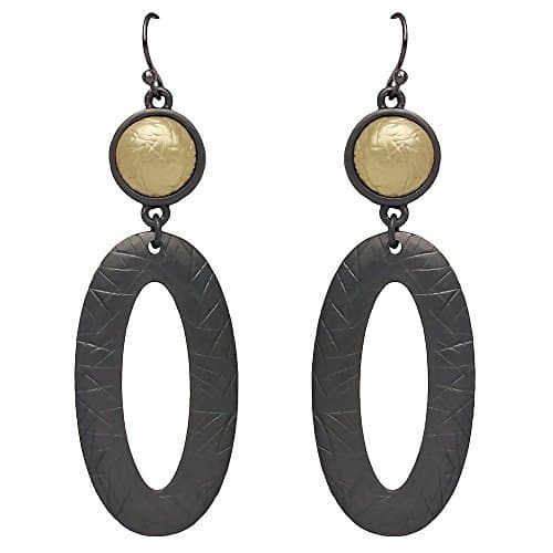 Seraphina New York Two Toned Round Disk Accented Open Oval Drop Fish Hook Women's Earrings (Hematite/Gold)