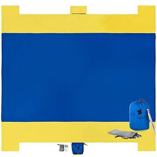 Compact Sand Proof Beach Blanket Oversized XXL 7'X9' Ripstop Lightweight Parachute Nylon for Picnic, Camping, Outdoor Events 4 Anchor Loops & Stakes +4 Sand Anchor Pockets +1 Zipper Storage Pocket