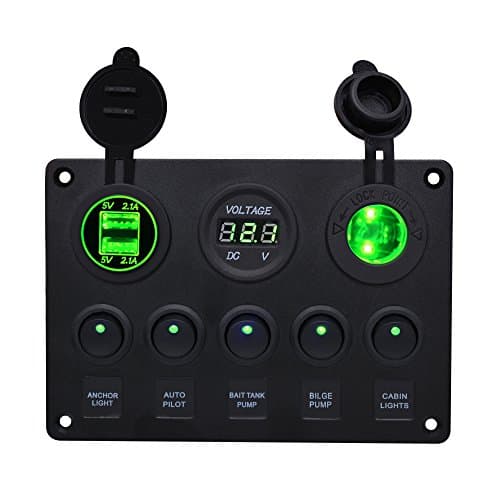 Boat Car Rocker Switches Panel IP65 5 Gangs w/Voltmeter & 4.2A Double USB Charger & 12V Cigarette Lighter for 12v 24V Marine Caravan RV Yacht Trucks Motorhome (Green LED)