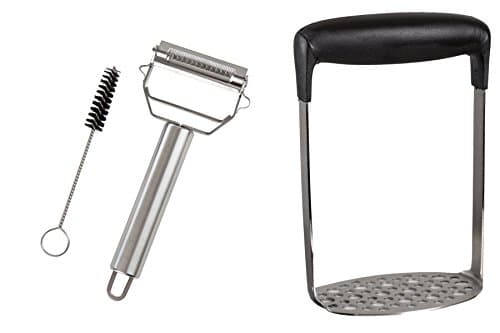 Kitchen Winners Easy Grip Potato Masher and Ultra Sharp Stainless Steel Dual Julienne &amp; Vegetable Peeler with Cleaning Brush