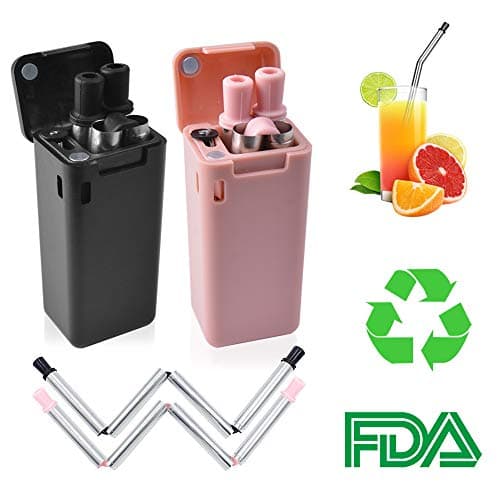 2 Pack Collapsible Reusable Straw Stainless Steel Folding Drinking Straws Food Grade Portable Straw with Cleaning Brush & Hard Protect Case for Outdoor Travel Household Party (Black&Pink)