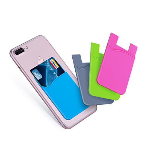 Costyle 4 Pack TPU Silicone Ultra Slim Thin Self Adhesive Stick On Credit ID Card Wallet Pocket Pouch Sticker for iPhone, Android, Windows Phone, iPad mini, HTC, LG, Samsung-Rose, Blue, Gray, Green