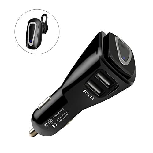 Car Charger Bluetooth Headset 2-in-1 with Dual USB Port Auto Answer CSR4.1 Hands-Free Call/Music In-Car Wireless Earbud Headphone Automatic charging with Mic for iPhone, iPad, iPod, Samsung etc.