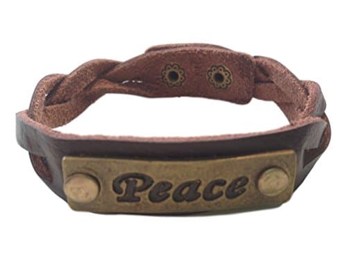 Charming 'Peace' Brown Leather Expression Snap Bracelet