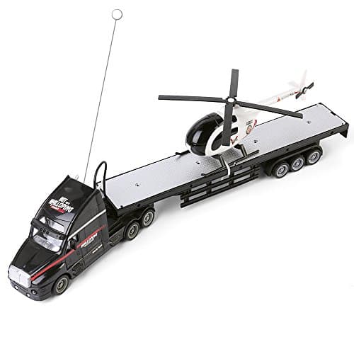Wonderful Gift Shop Remote Control Big Rig Flatbed Semi Trailer Truck with Hauler Helicopter Toy Combo - Black