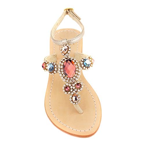 Rainbow Gemstone ‘Corinth’ Leather Sandals (38, Dark Multi / Gold)