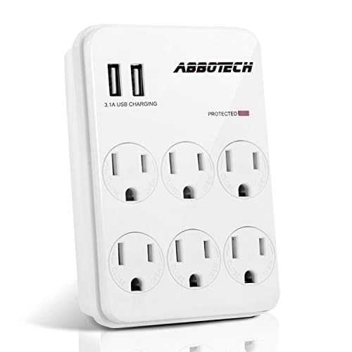 AbboTech Multi Outlet Wall Mount Adapter 900J Surge Protector Wall Tap With 6AC Outlets And Dual 3.1AMP USB Charging Ports,Child-Resistant Cover,White,ETL Certified