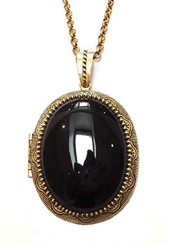 Large Original Brass and Black Agate Gemstone Locket on Long Chain Necklace