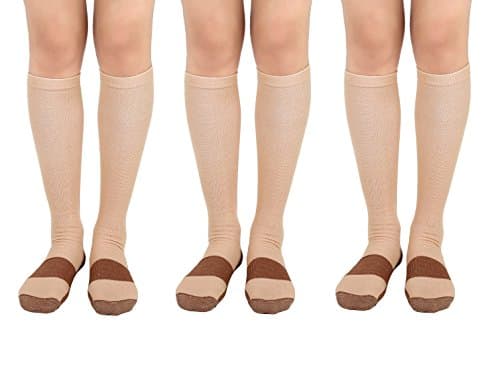 3 Pair Beige/Gold Sm/Med - TASOM Compression Copper Socks Over the Calf Below Knee Anti Fatigue Antimicrobial Sock For Men's Woman's Foot Feet Ankle Heel Pain Ache Swelling Relief Support Stockings