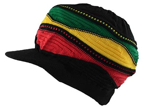 Men's Rasta-Inspired Patterned Woven Beanie Knit Cap with Bill