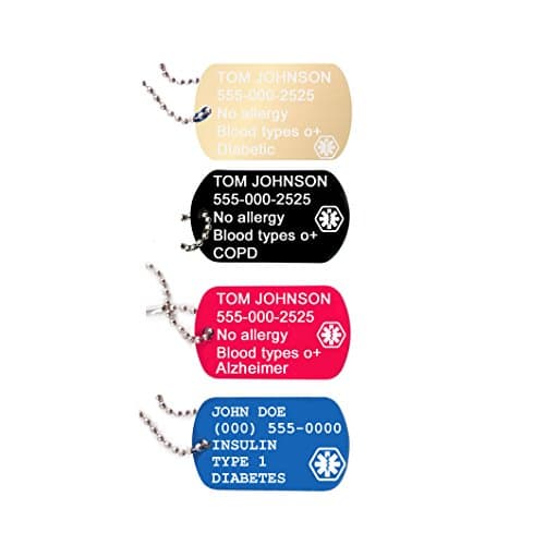 Medical Alert ID Personalized Customized Engraved Dog Tag Plus Stainless Steel Necklace 24" Chain Made in USA (BLUE)