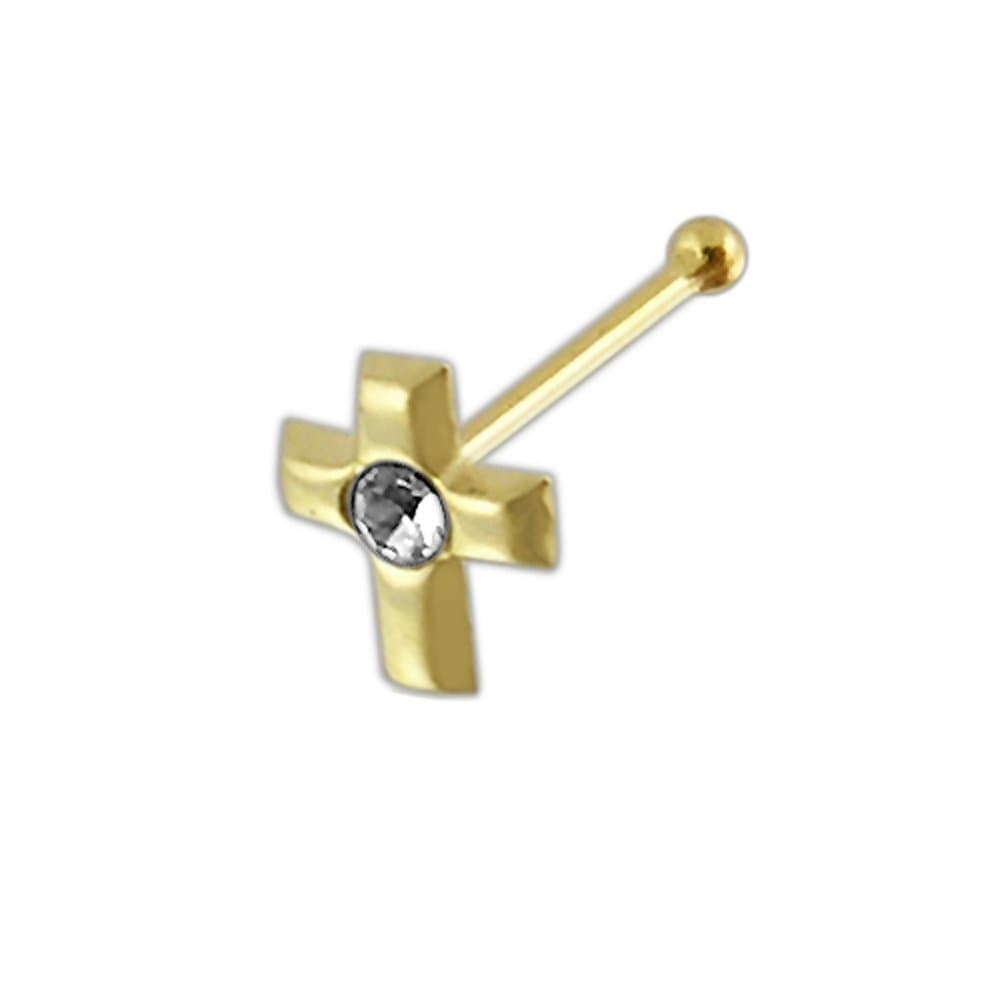9K Solid Yellow Gold Clear Crystal Stone Cross 22 Gauge Nose Bone Nose Stud Piercing Jewellery
