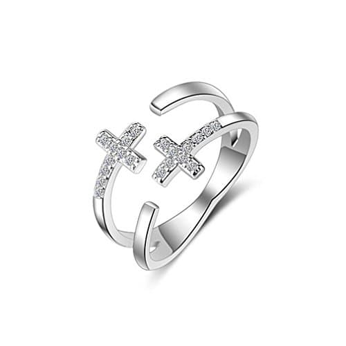Shawa Jewelry Cross Pattern Double Bands Resizable Open Ring with AAA Diamond for Ladies