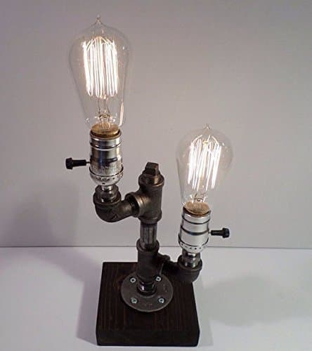 Dual Industrial Steampunk table pipe lamp with Classic Edison bulb and Weathered wood base