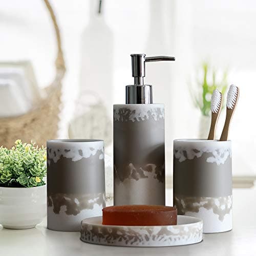Bathroom Set 4 Piece, Exclusive Polyresin Bath Set Collection of Liquid Soap Dispenser, Toothbrush Holder, Tumbler and Soap Dish by Shresmo