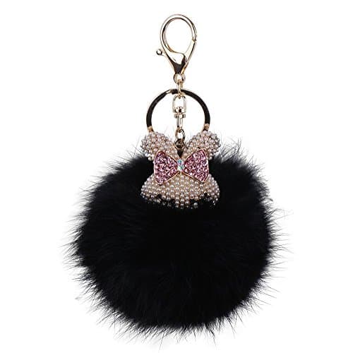 LORJE Cute Rabbit Head with Artificial Fox Fur Ball Pompoms Keychain Bag Charm Black
