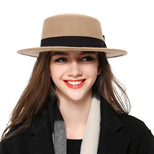 BOGIWELL Women's Classic Wool Felt Pork Pie Hat Flat Top Church Fedora Hat