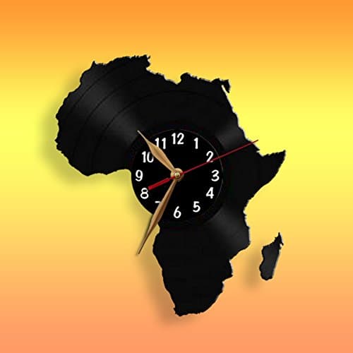 Africa Map Wall Clock, Vinyl Record Clock 12 inch (30cm) / Laser cut of Vintage Vinyl Record (Black clockface, Arabic digits)
