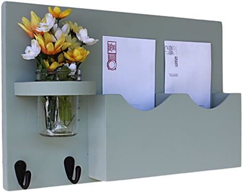 Legacy Studio Decor Double Slot Mail Organizer with Key Hooks & Mason Jar (Smooth, Green Tea)