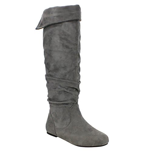 DA VICCINO TOP-01 Women's Slouch Side Zipper Flat Fold Cuff Knee High Boots, Color:GREY, Size:10