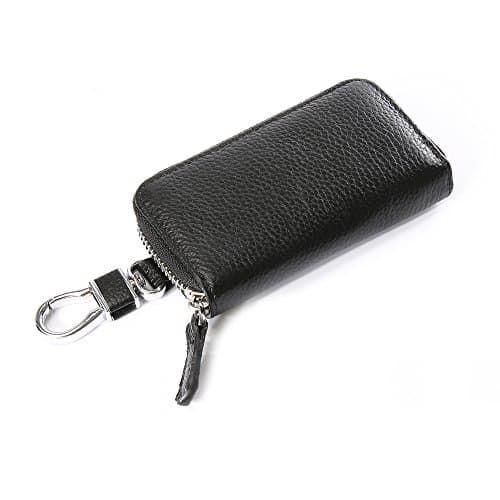 Key Case Wallet, Genuine Leather Pocket Key Organizer Case Zip Around Key Case with 6 Hooks Key Holder Ring for Men&amp;Women(Black)