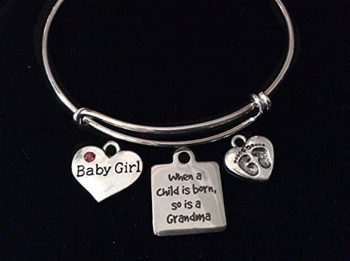 When A Child Is Born So Is A Grandma Expandable Charm Bracelet Baby Girl or Boy Silver Adjustable Bangle Grandmother New Baby Gift Baby Feet Pink or Blue Rhinestone