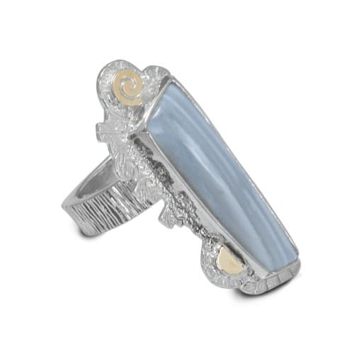 Sterling Silver Elongated Gray Agate Ring with 14k Gold Accents