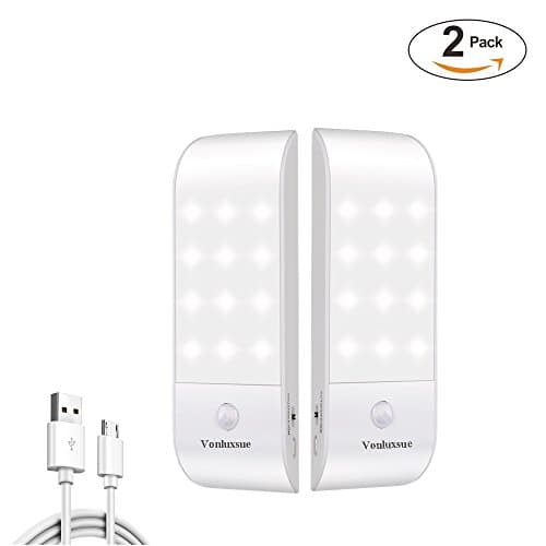Vonluxsue 12 LED Motion Sensing Closet Lights,2 Pack Portable USB Rechargeable Stick-on Anywhere Wireless Indoor/Outdoor Light Bar with Magnetic Strip（Warm White）