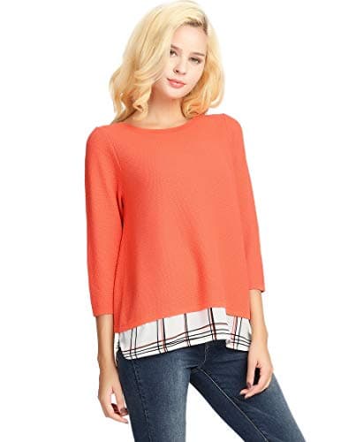 Women's Knit Pullover Sweater Top 3/4 Sleeve 2Fer Loose Casual Pullover Layered Sweater