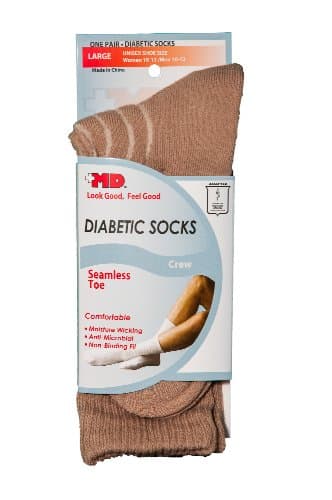 MD USA Seamless Toe-Wave-In Mesh Diabetic Crew Socks, Tan, Large, Men 10-12 Women 10-13