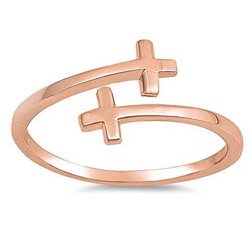 Sterling Silver Rose Gold Plated Sideways Cross Bypass Ring - Size 7
