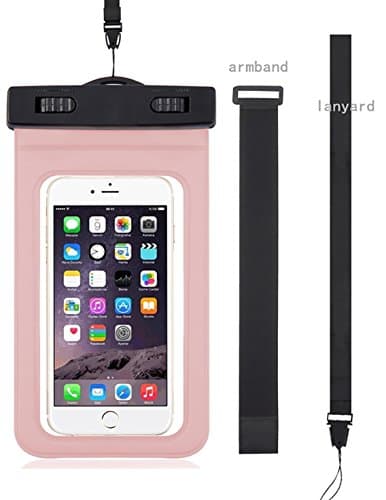 PREMIUM QUALITY Universal Waterproof Case, CelPie Dry bag with ARMBAND + LANYARD - Best TPU Bag for iPhone 7, 7 Plus, 6s, 6, 6s Plus, SE, 5s, Note5, S7 Edge, Pixel, Pixel XL &amp; Devices up to 6"-Pink
