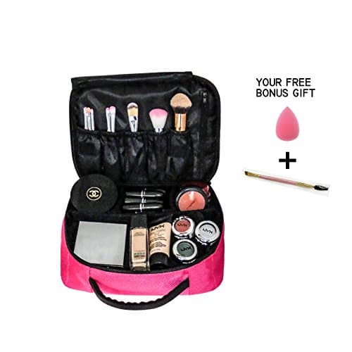 Makeup Case Travel Bag Organizer Adjustable Dividers – Medium Size 10.5” Fits Any Cosmetics Stylish Perfect Professional Accessories Kit With Bonus Gifts Rose Pink By Angelgear