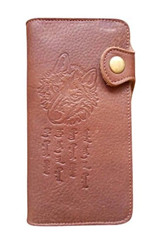 KHISHIG Genuine Leather Handmade Bifold Trifold Wallet Wolf Second Size US Medium
