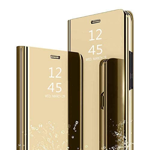 Ptny Flip Case Compatible for Huawei Honor View20 Bumper, [2.0 Upgraded Version] New Luxury Mirror Smart View Clear Standing Flip Cover [Luxury Gold]