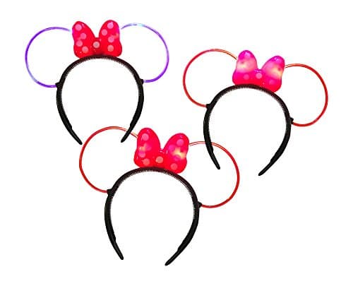 LED Mouse Ears Pink, Red, Blue ears with Pink or Red Bows (Mutli Color Double Pack LED Ears)