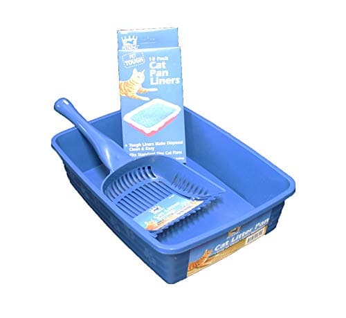 Cat Litter Pan Kit - 3 Piece Set Includes Pet Litter Box, Litter Scoop Shovel, and Pan Liners - Great Starter Pack for Cats and Kittens - Blue