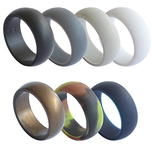 Silicone Wedding Ring for Men by RYNX 7 Pack - Premium Rubber Band Quality Medical Grade - Set of 7 Wedding Rings - White Grey Camo Blue Metallic Brown - Size 12