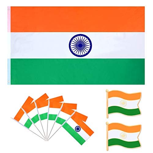 Consummate India Flag 3x5-12 Pack Indian Small Mini Stick Flags with 2 Pack Lapel Pin Party Decorations