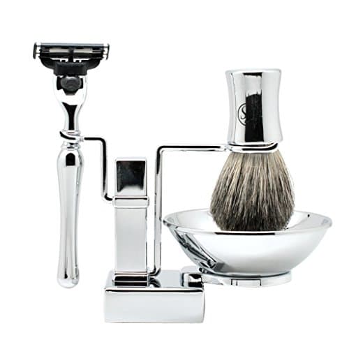 4 in 1 Shaving Set/Kit MACH3 Razor,Pure Badger Hair Shaving Brush Stand n Bowl