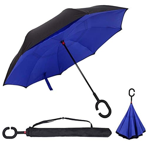 Double Layer Inverted Umbrella Cars Reverse folding Umbrella Windproof UV Protection Big Straight Umbrella for Car Rain &amp;Sun Outdoor With C-Shaped Handle Travel Umbrella (Dark Blue)