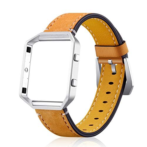 YuStar Compatible with Fitbit Blaze Watch Bands, Genuine Leather Strap Replacement Band with Metal Frame Wristband Women Men Black White Blue for Fibit Blaze Smart Watch