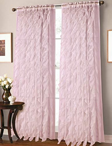 Sapphire Home Two (2) Cascade White Ruffle 84" Long Curtain Panels, Sheer Voile Ruffled Curtain Panels - Pink