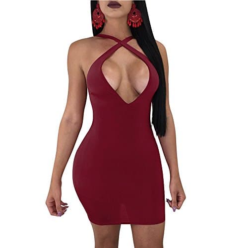 Doramode Sexy Spaghetti Strap Deep V-Neck Backless Criss Cross Lace up Bandage Bodycon Clubwear Dress Cut Out Short Cute Outfits for Women,Burgundy/Wine Red Large