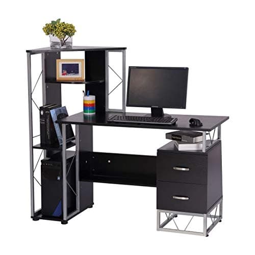 Home Office Desk Computer Workstation Tower Shelves Bookshelf Desktop Functional Furniture Dorm Room Organization Storage Books Black