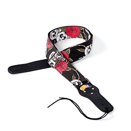 Denim Guitar Strap with Pick Holder Skulls and Roses Pattern Leather Ends Polished Metal Buckle 2 Inches Wide Big Range of Length (Skulls n Roses)