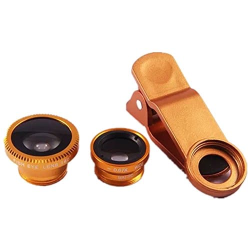 Universal Type Camera Lens Kit Professional 3in1 Lens 0.67x Macro Lens + 0.67x Wide Angle Lens + 180° Fisheye Lens for iPhone Samsung Galaxy LG Android &amp; Most Smartphones (HD Glass Gold)