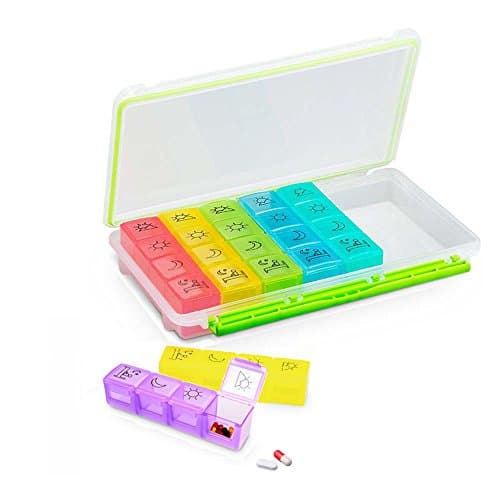 Weekly 7 Day Pill Case Organizer, 4 Times A Day Moisture-Proof Pill Box , Portable Travel Medication Vitamin Fish Oil Compartments Container Planner, Rainbow Color