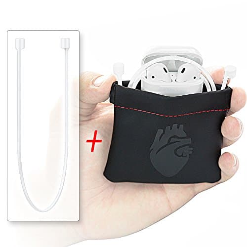 AirPods Travel Case + WHITE Tether Earbuds Strap COMBO by ZLS • Easy-to-Open Tension Collar Protective Carrying Pouch &amp; Anti-lost Silicone Security Earphones Leash Accessory for Apple iPhone7 + 8 + X